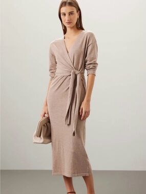 Modern Citizen Lenese Beige Knit Tie Waist Long Sleeve Wrap Midi Dress